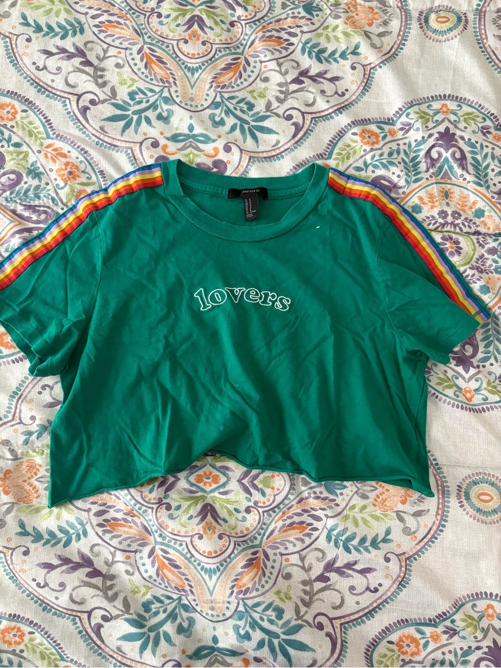 Forever 21 Green Crop Tee with Rainbow Shoulder Stripes